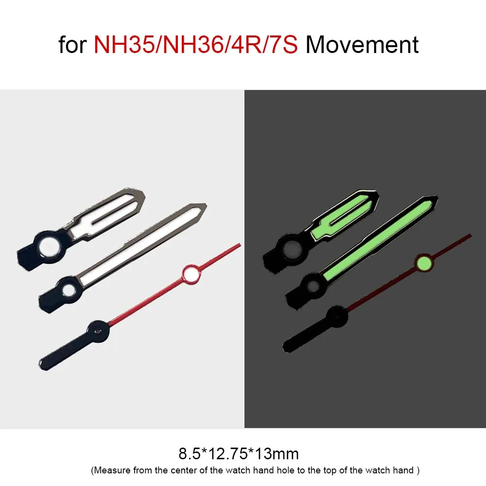 Luminous Green Watch Hands Parts, Parte modificada, 3 pinos, Mãos para movimento, NH35, NH36, 4R, 7S