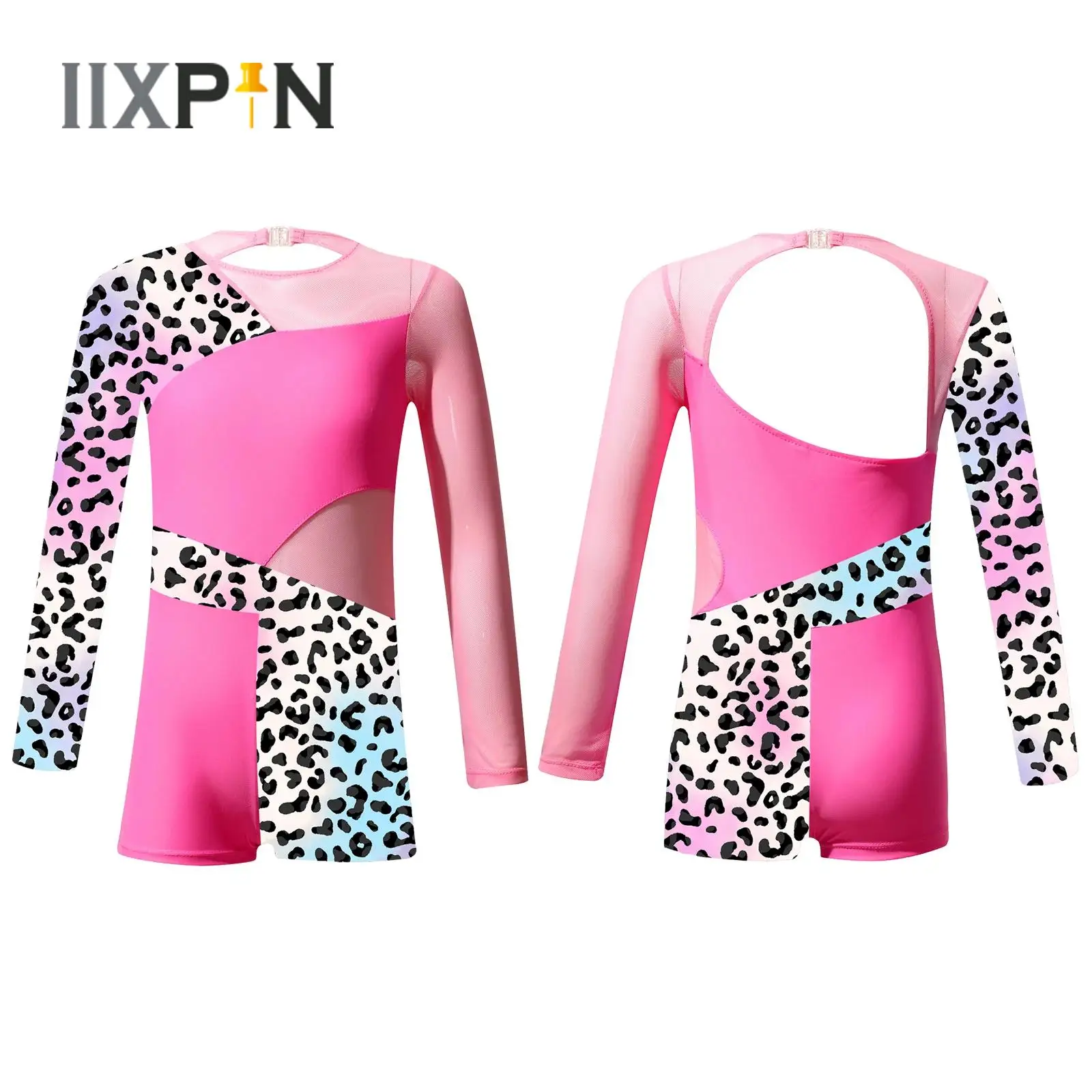 

Girls Gymnastic Ballet Dance Leotard Kids One-piece Long Sleeve See-through Mesh Printed Bodysuit Jumpsuit Yoga Workout Costumes