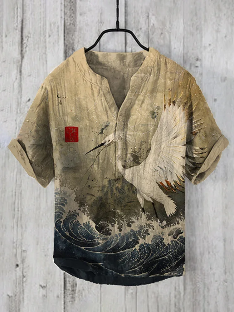 Men\'s casual fashion assassin print Chinese style linen short sleeved shirt loose fit V-neck top