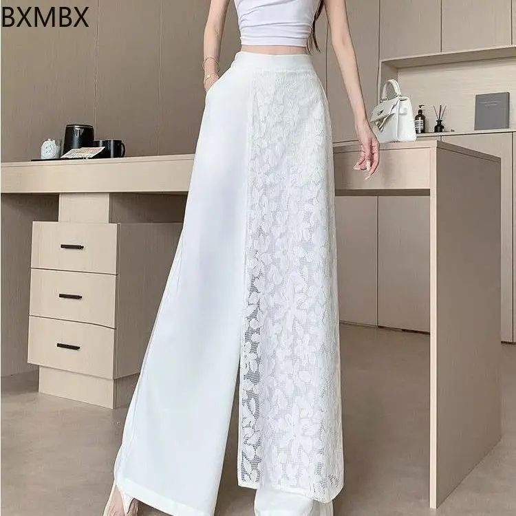 Si Die Pet Wide Leg Pants: Lace Splicing High Waist Breathable Loose Design Summer Wide Leg Pants
