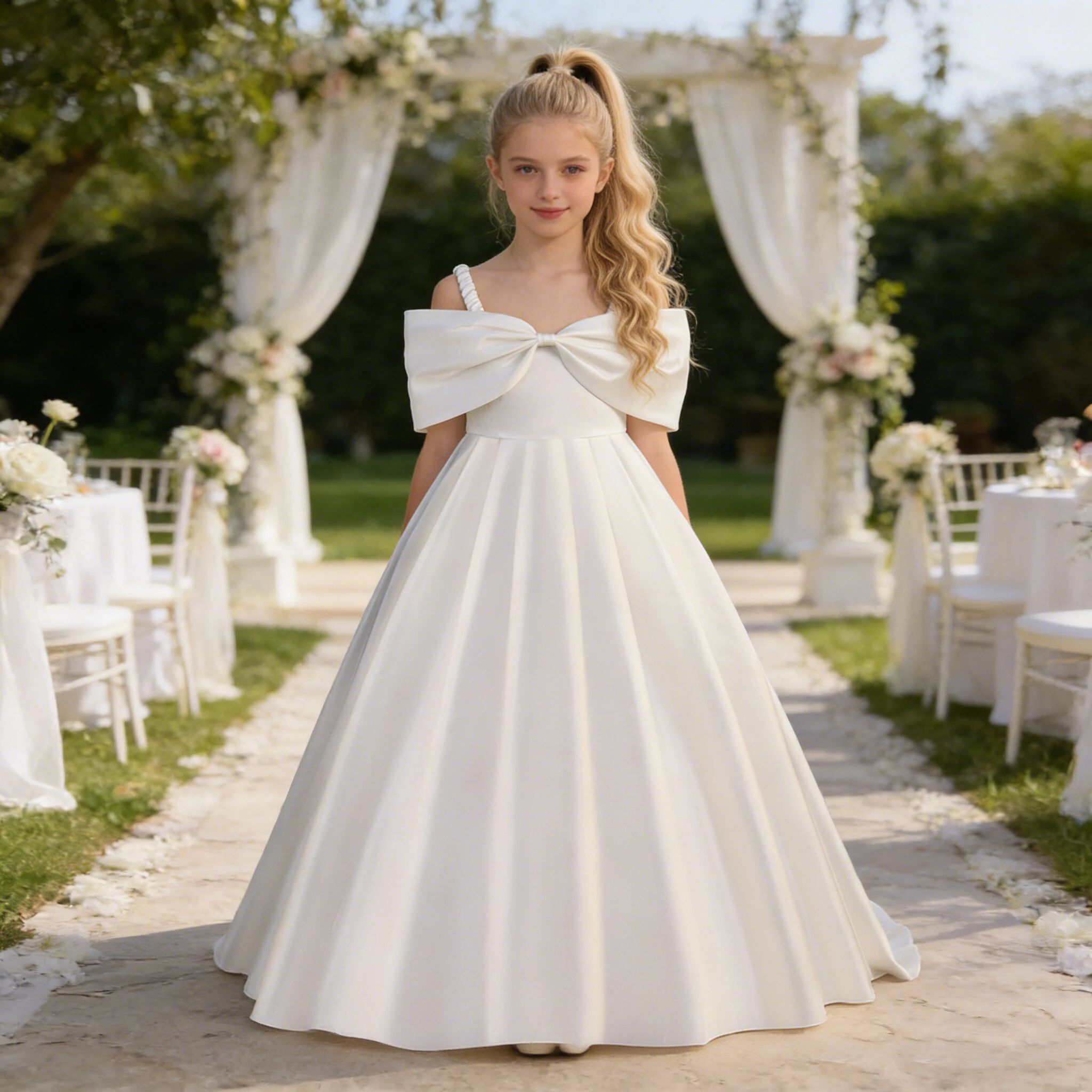 

Elegant Big Bow Girls Bridesmaid Dress Summer Trailing Wedding Princess Party Prom Dresses for Girl First Communion Evening Gown