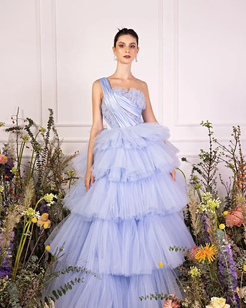 

One-Shoulder Lilac Tulle Prom Dresses Tiered Flowers Sleeveless Formal Occasion Evening Dresses Free Shipping Wedding Party Gown