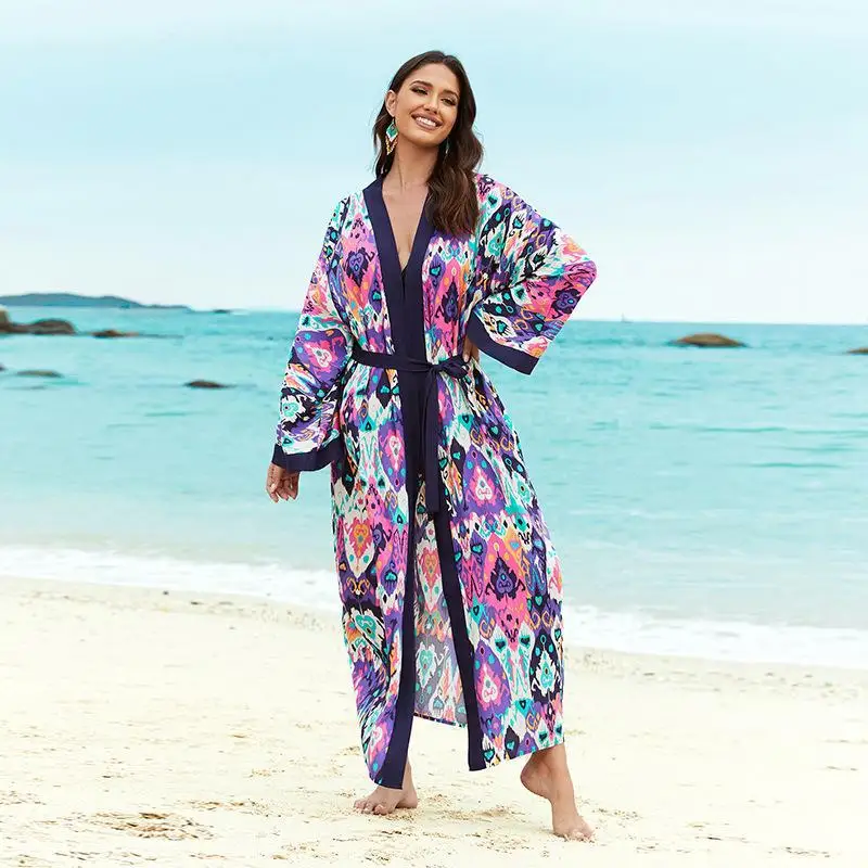 Retro Printed Beach Dress Long Sleeve Self Belted Bohemian Kimono Women's Sexy Beachwear Bikini Cover-ups