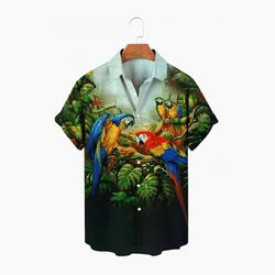 Hawaiian Men's Short Sleeved Shirt, Open Neck, Single Button, Parrot And Animal Print, Fashion, Beach Top, Summer 2024