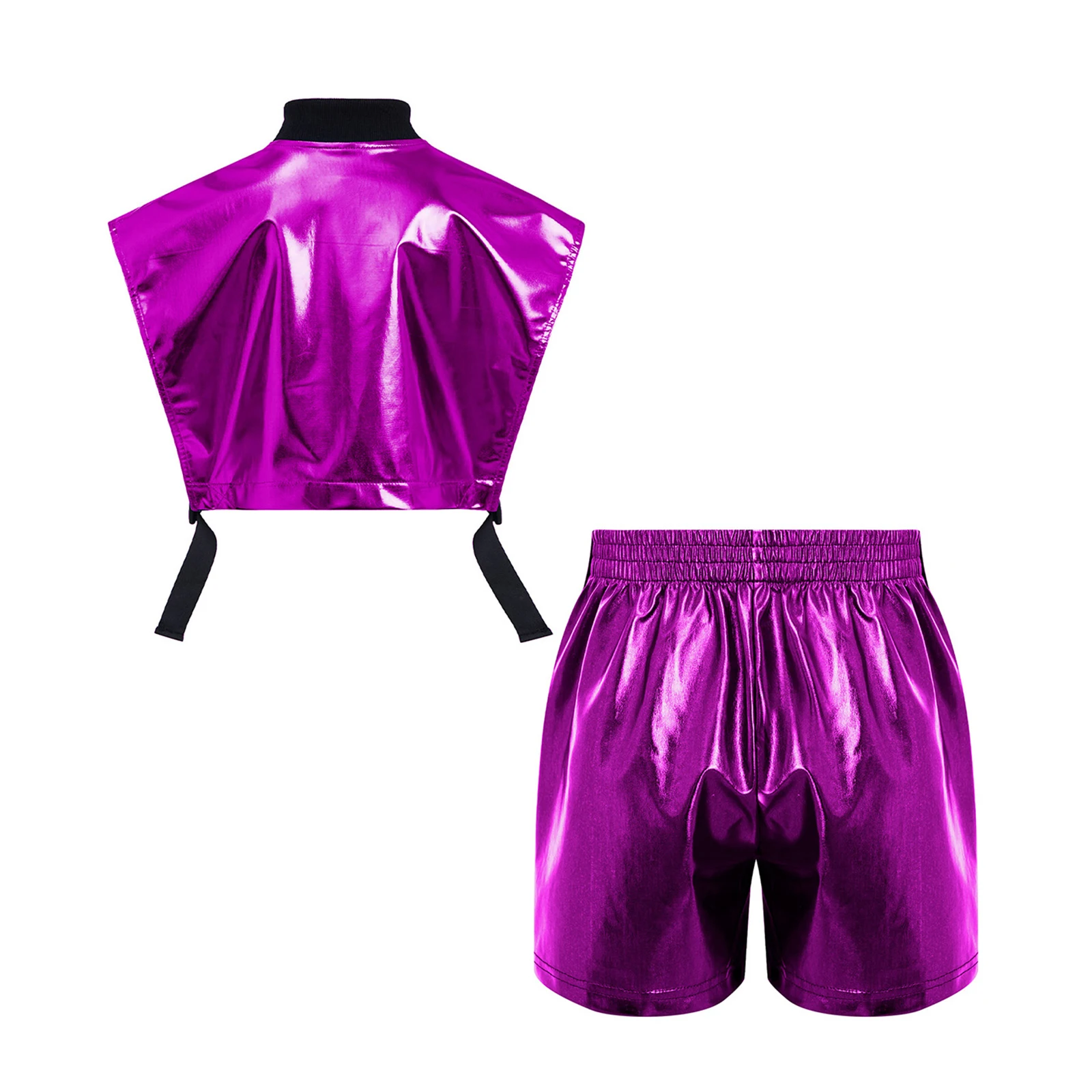 Kinder Mädchen Hip-Hop Jazz-Tanz-Outfit Aufführungskostüm mit seitlich geöffneter Metallweste mit Reißverschluss und seitlichen Druckknöpfen sowie glänzenden Shorts – Detail 13