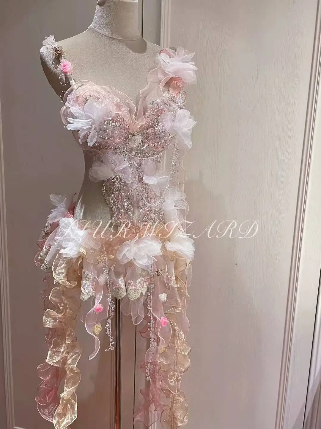 Sweet Personalized Floral Embroidery Sexy Bikini Performance Dress Party Bar Nightclub Singer Dance Team Stage Prom Birthday Set