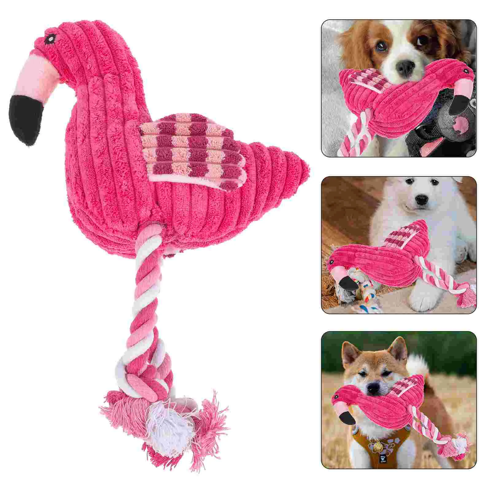 Pet Squeak Rope Toy Corduroy Plush Flamingo Shape Teeth Clean Stuffed Interactive Toy (Pink) Squeaky Toy for Dogs