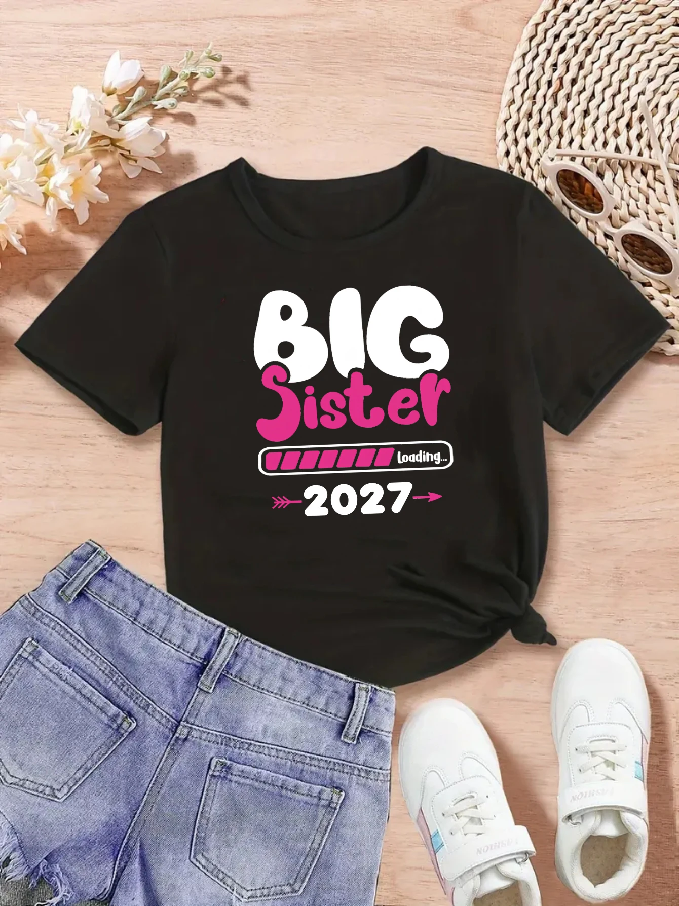 Big Sister Loading 2027 Printed T Shirt Girls Funny Kids Clothes Pregnancy Announcement T-Shirt