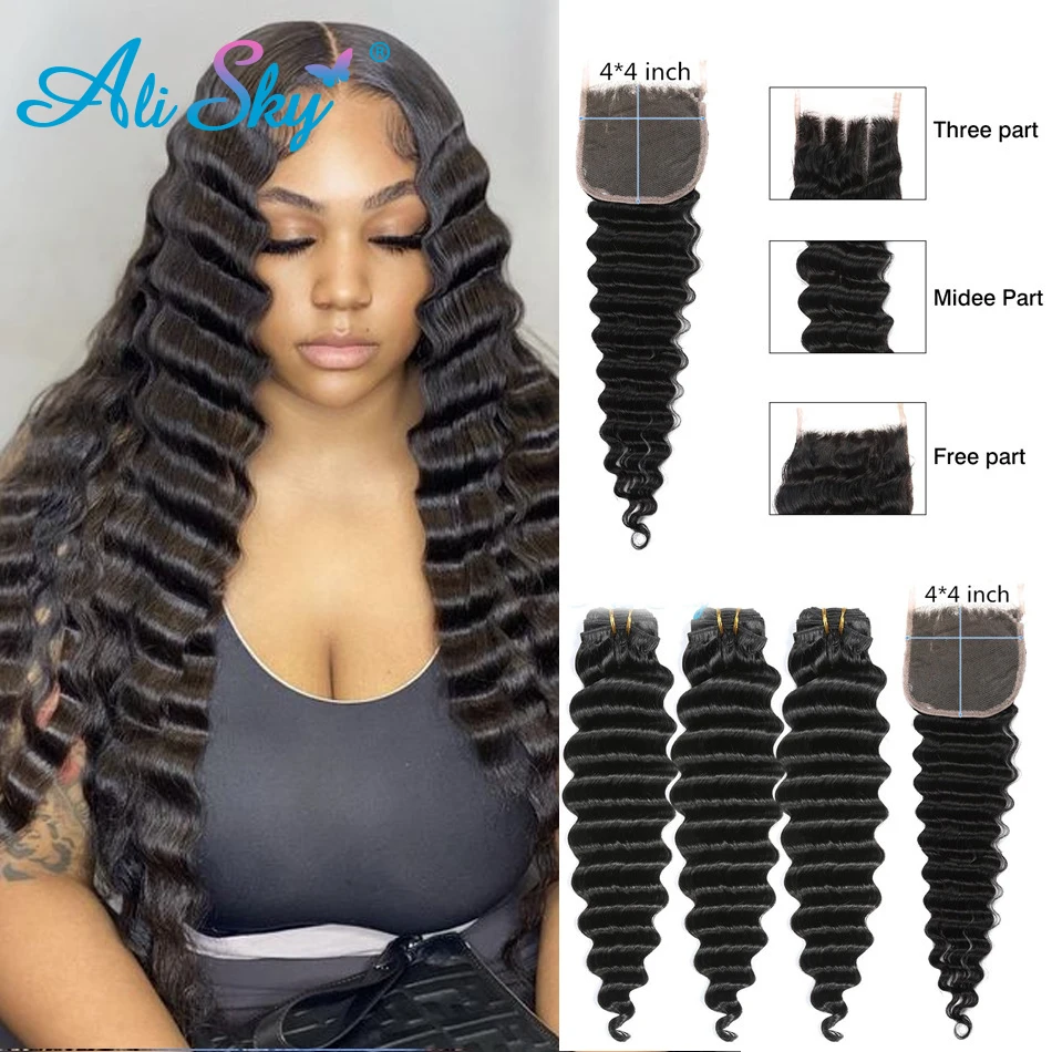 Pacotes de onda profunda com fechamento Pacotes de cabelo peruanos com fechamento 4x4 Remy Hair Extensions Fechamentos de cabelo humano Alisky Hair Weave