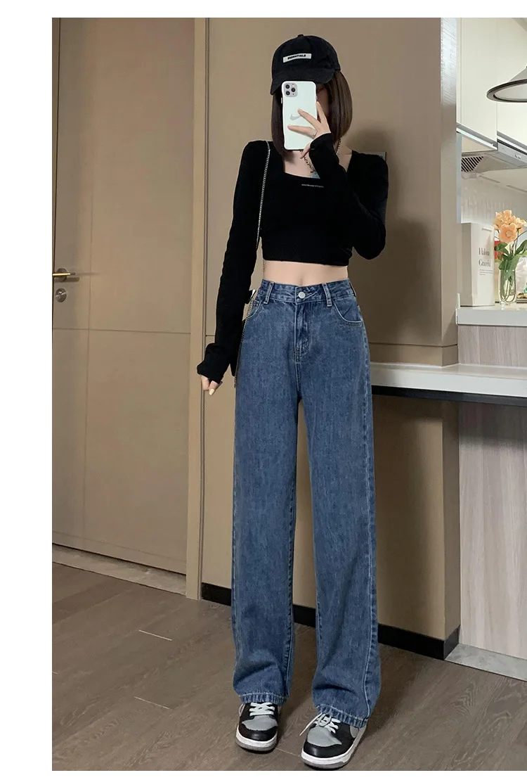 Jeans de cintura alta feminina, design simples e largo, estilo coreano, vintage, calça diária de faculdade, perna larga que combina com tudo, moda