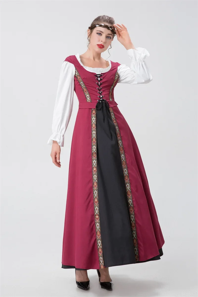 بدلة لعب الأدوار على طراز عصر النهضة في العصور الوسطى وياقة مربعة وخصر وتنورة كاملة مكونة من قطعتين فستان درامي