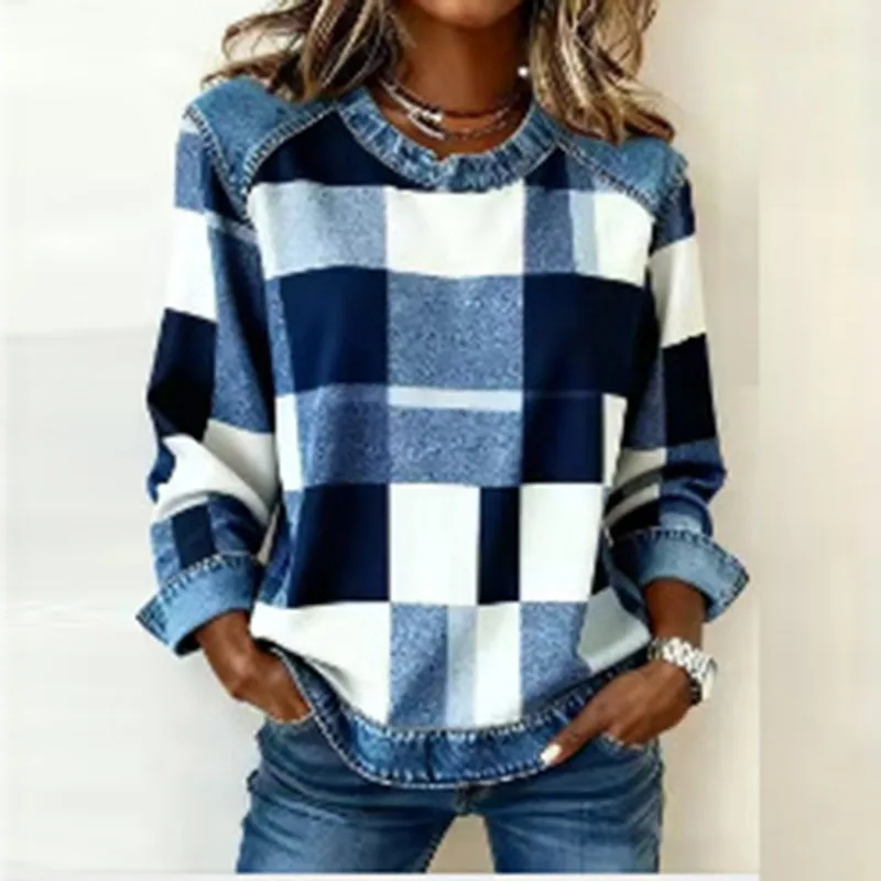 Y2K Clothes Sexy Round Neck Patchwork Woman Sweatshirts Casual Plaid Print Loose Tops Pullover Spring Autumn Long Sleeve Hoodies