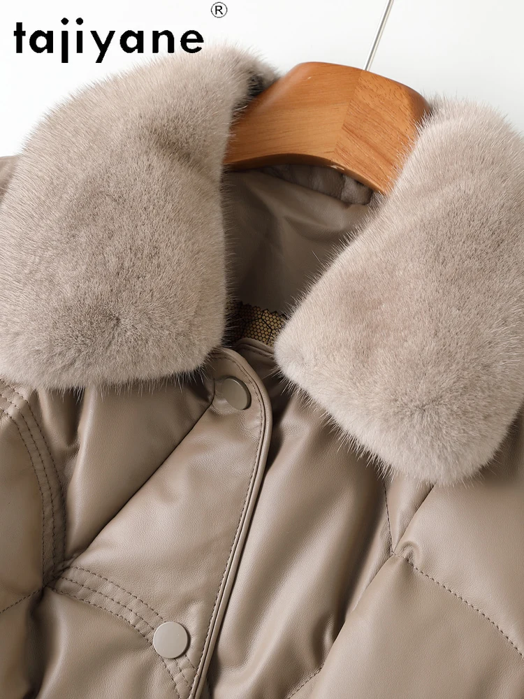 เสื้อแจ็คเก็ตขนเป็ดขาวแท้ 100% หนังแกะชั้นดี แบรนด์ TAJIYANE สำหรับผู้หญิง แจ็คเก็ตหนังแท้ทรงสั้น แต่งขนมิงค์ที่คอ ฤดูหนาว 2025