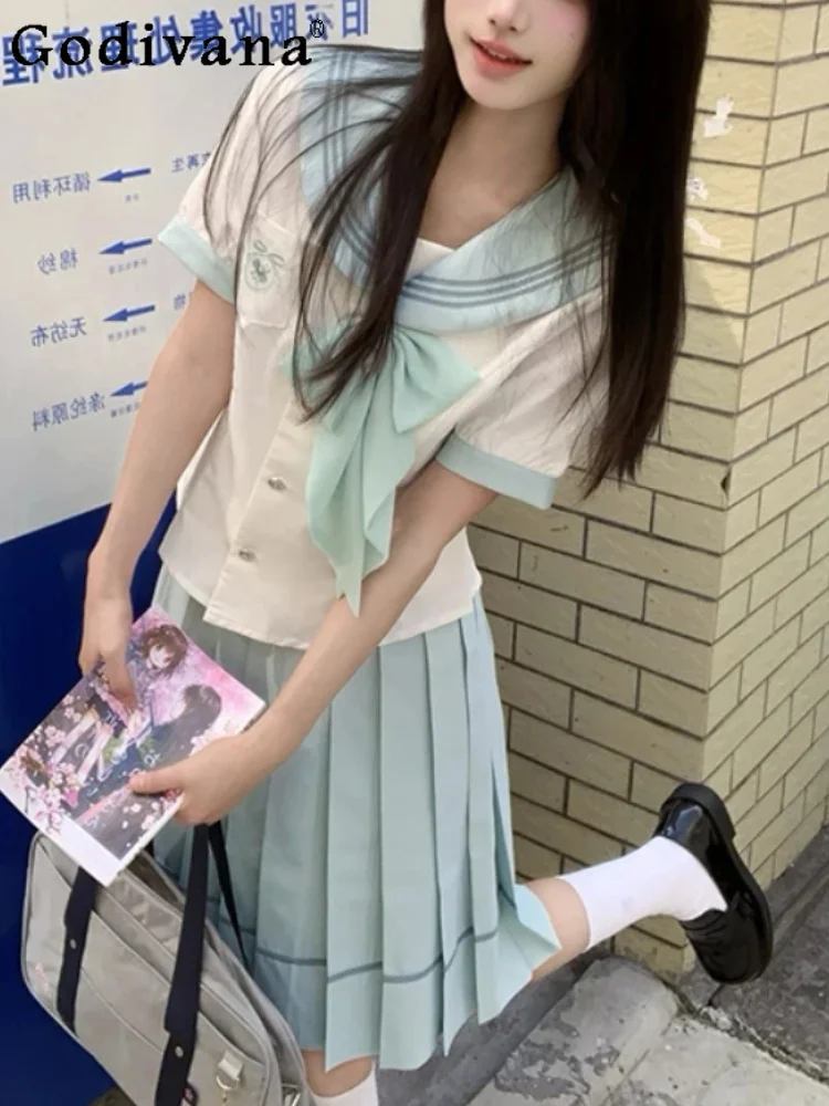Summer New Sweet Japanese Jk Sets Green Navy Collar College Short Sleeve  Shirt Fashion Age-reducing High Waist Pleated Skirt