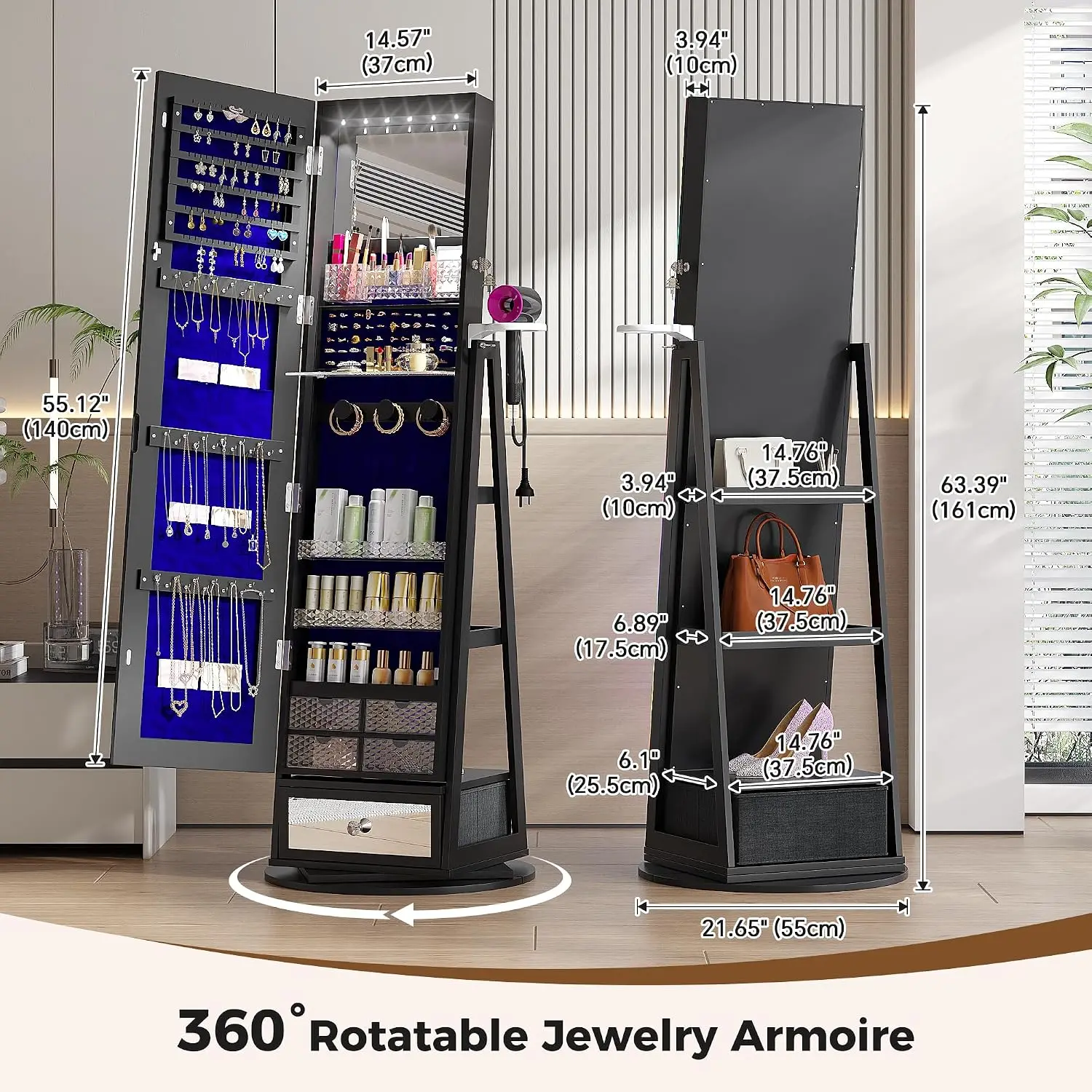 Jewelry Cabinet with LED Mirror 360° Swivel Remote Control RGB Lighting Storage Shelves Drawer, Customized view 2