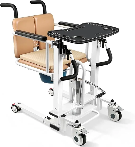 Hydraulic Lift Commode Shower Chair, 180° Split Seat, Transfer Wheelchair, Height Adjustable, 440lbs Capacity, Elderly Home Care