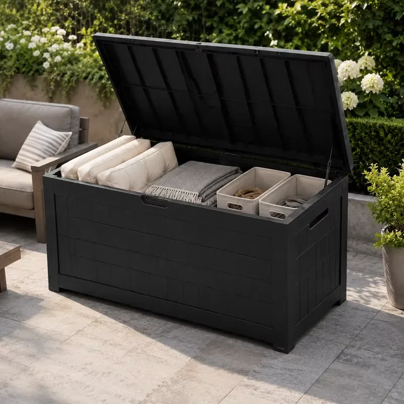 Large Capacity Waterproof WPC Storage Box Lockable Outdoor Patio Garden Container for Tools Mats Durable Deck Organizer Bin