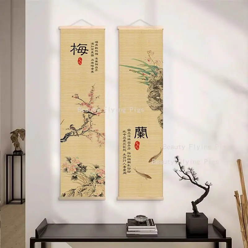 1pc Chinese Bamboo Plum/orchid/bamboo/chrysanthemum Hanging Painting, Room Hanging Paintings, Wall Mounted Decorative Painting