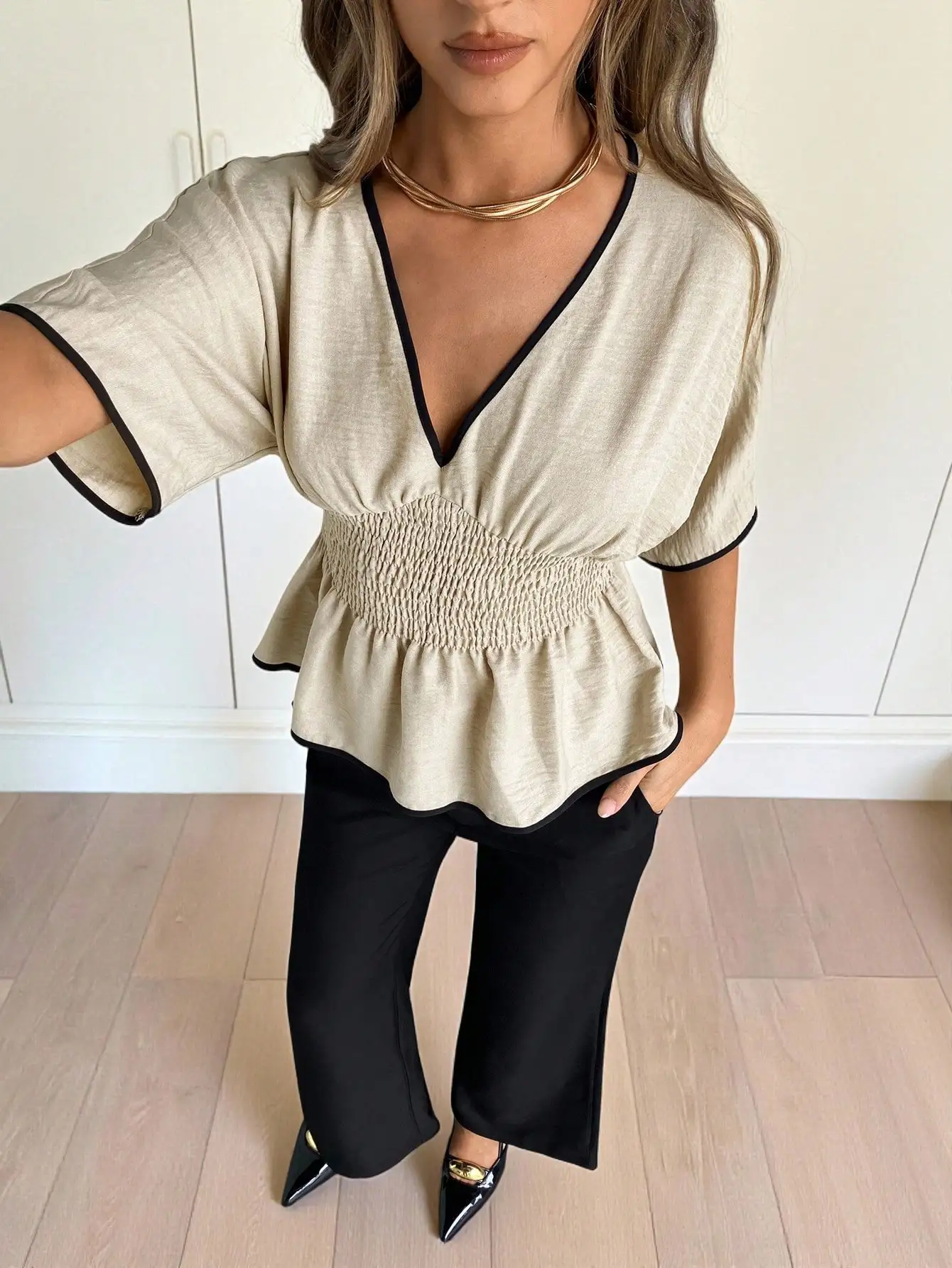 

Elegant V Neck Shirred Waist Blouse With Batwing Sleeves And Black Trim Casual Crop Top
