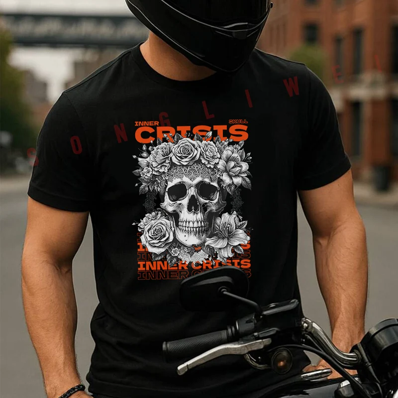 

A Skull Surrounded By Flowers Moto 100% Cotton T-Shirt Ultra Soft Round Neck Short Sleeve Tee For Men & Women
