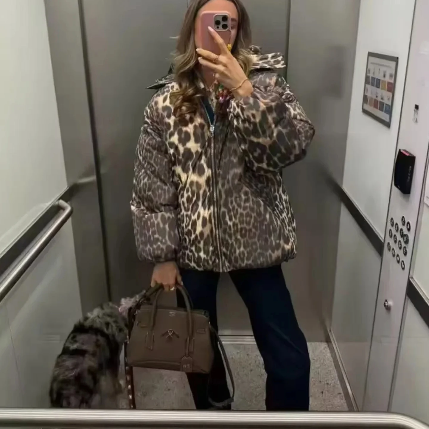 Chapéu destacável com zíper sle longo sve gola leopardo impressão ort algodão jaet feminino inverno nova chegada outerwear
