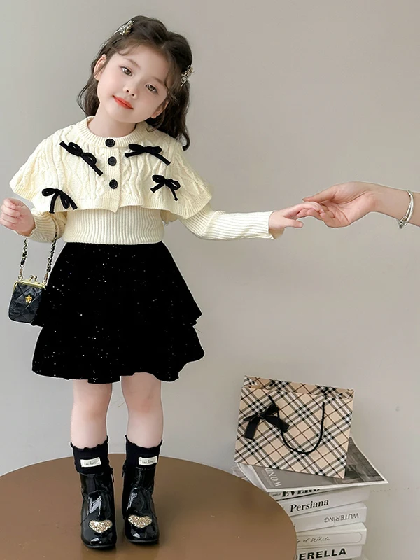 Suéter de malha com laço doce para meninas saia Bla conjunto de duas peças outono 2025 novo conjunto Faion infantil Sle respirável L...