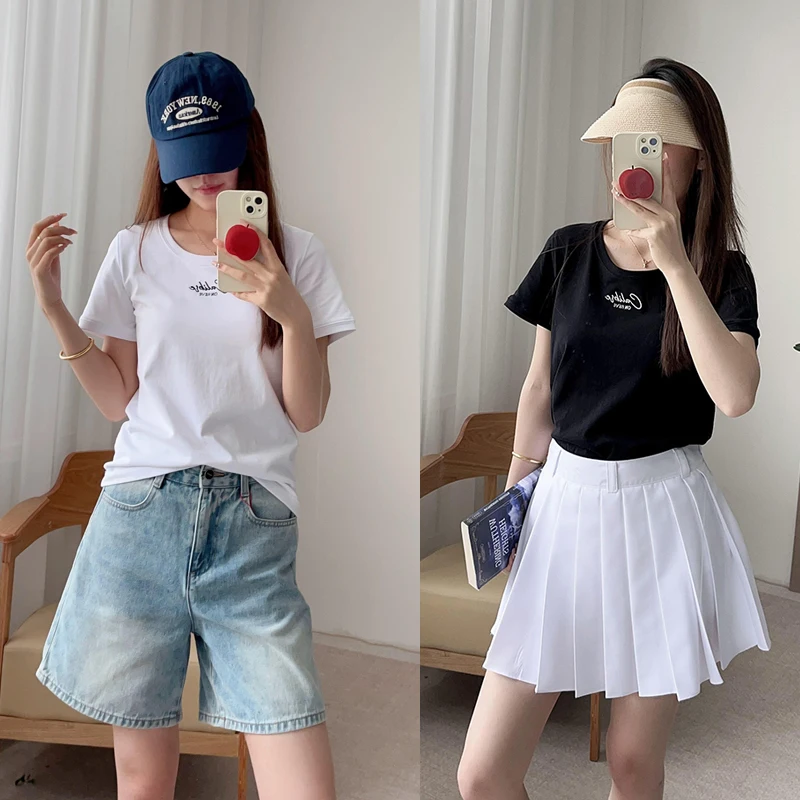 

Ele Embroidered Letter ort Sve round Ne T-irt Women's Slim Fit Casual Sle Summer Top in 2 Colors