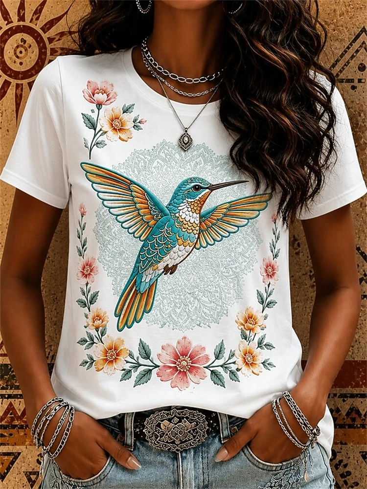 2026 Women's New Fashionable Casual Short-Sleeve T-Shirt Elegant Floral Hummingbird Print Loose-Fitting and Breathable Top