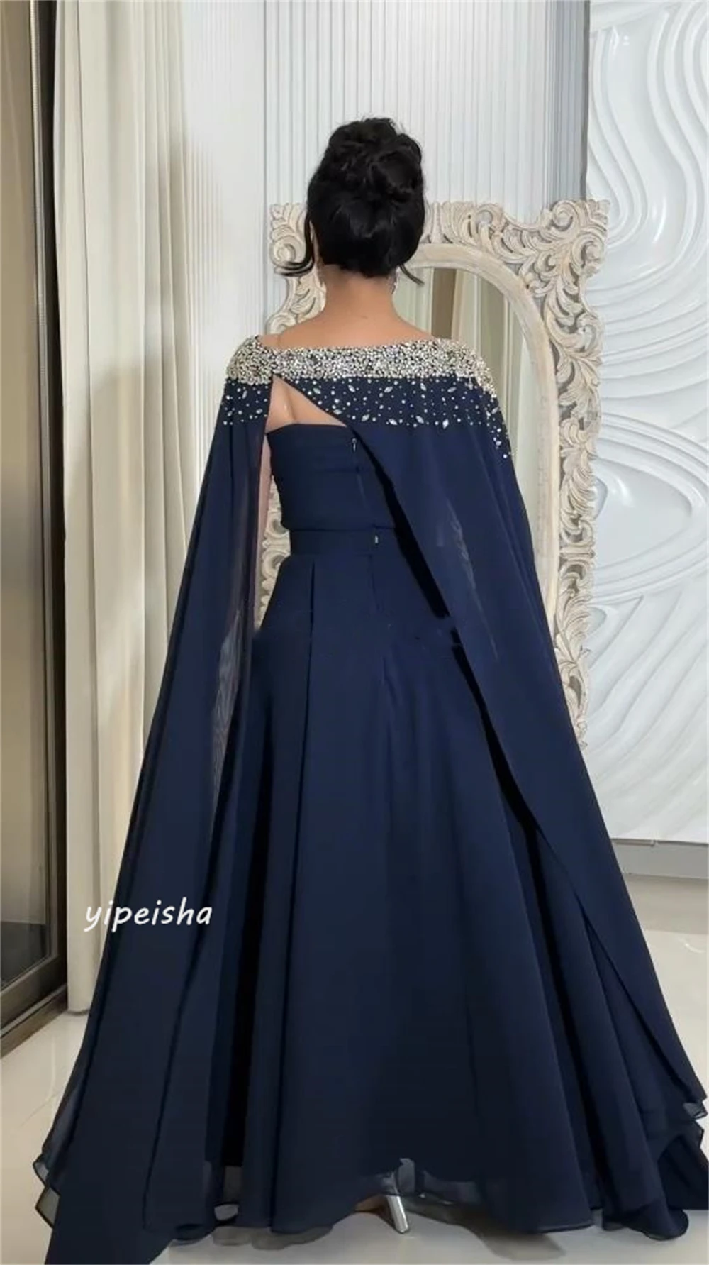 Robe de soirée en mousseline de soie, tenue de soirée décontractée, sexy, personnalisée, avec perles, drapée, plissée, forme trapèze, col bateau, sur mesure