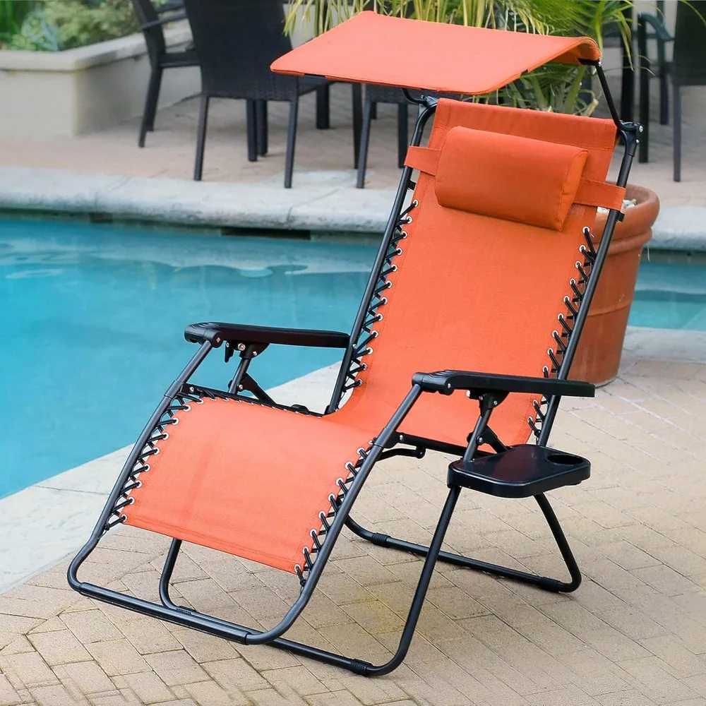 Cadeira grande de gravidade zero com guarda-sol e bandeja para bebidas, laranja