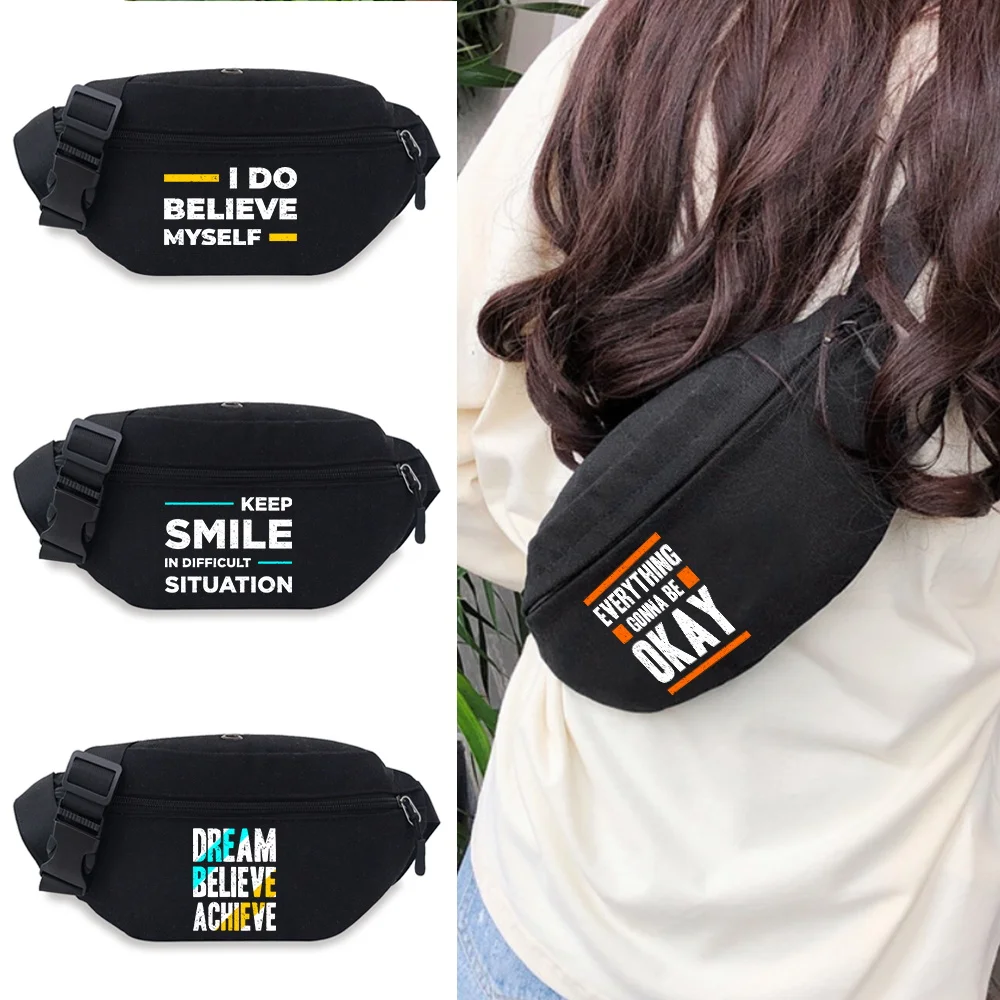 

Fashion Phrase Print Waist Bag Men Women Fanny Packs Hip Belt Bags Money Travelling Mountaineering Mobile Banana Phone Bag Purse