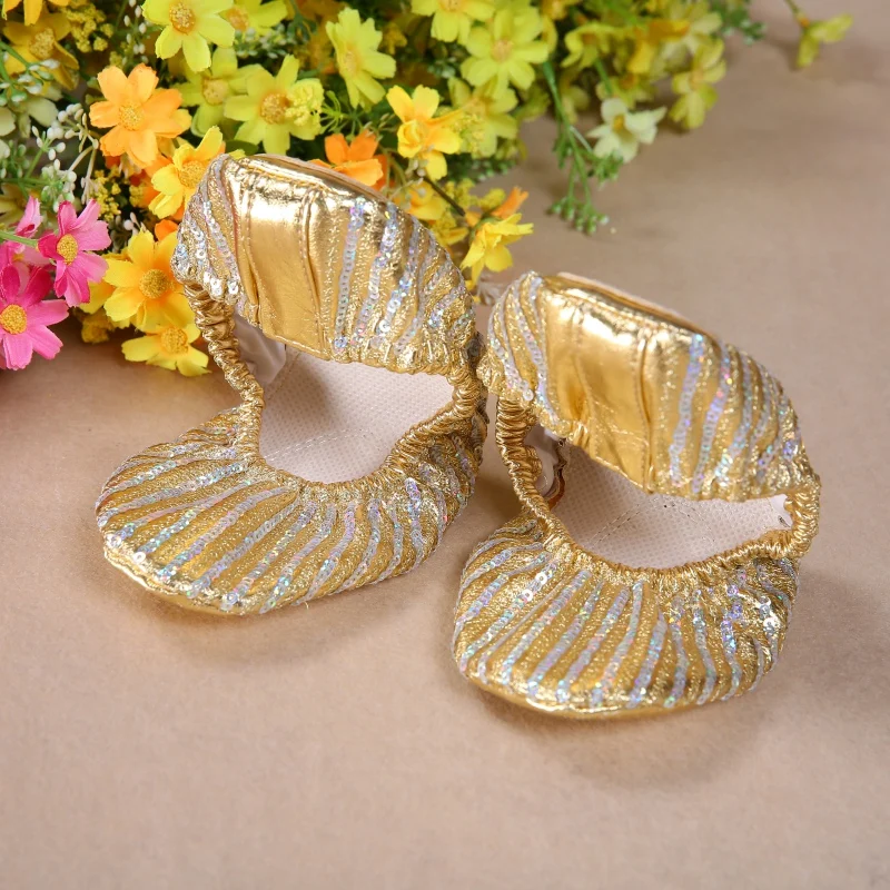 Womens Leather Ballet Belly Dance Shoes Sequins Ballroom Dance Slippers Shoes Soft Split-Sole Gymnastic Belly Dancing Stage Flat