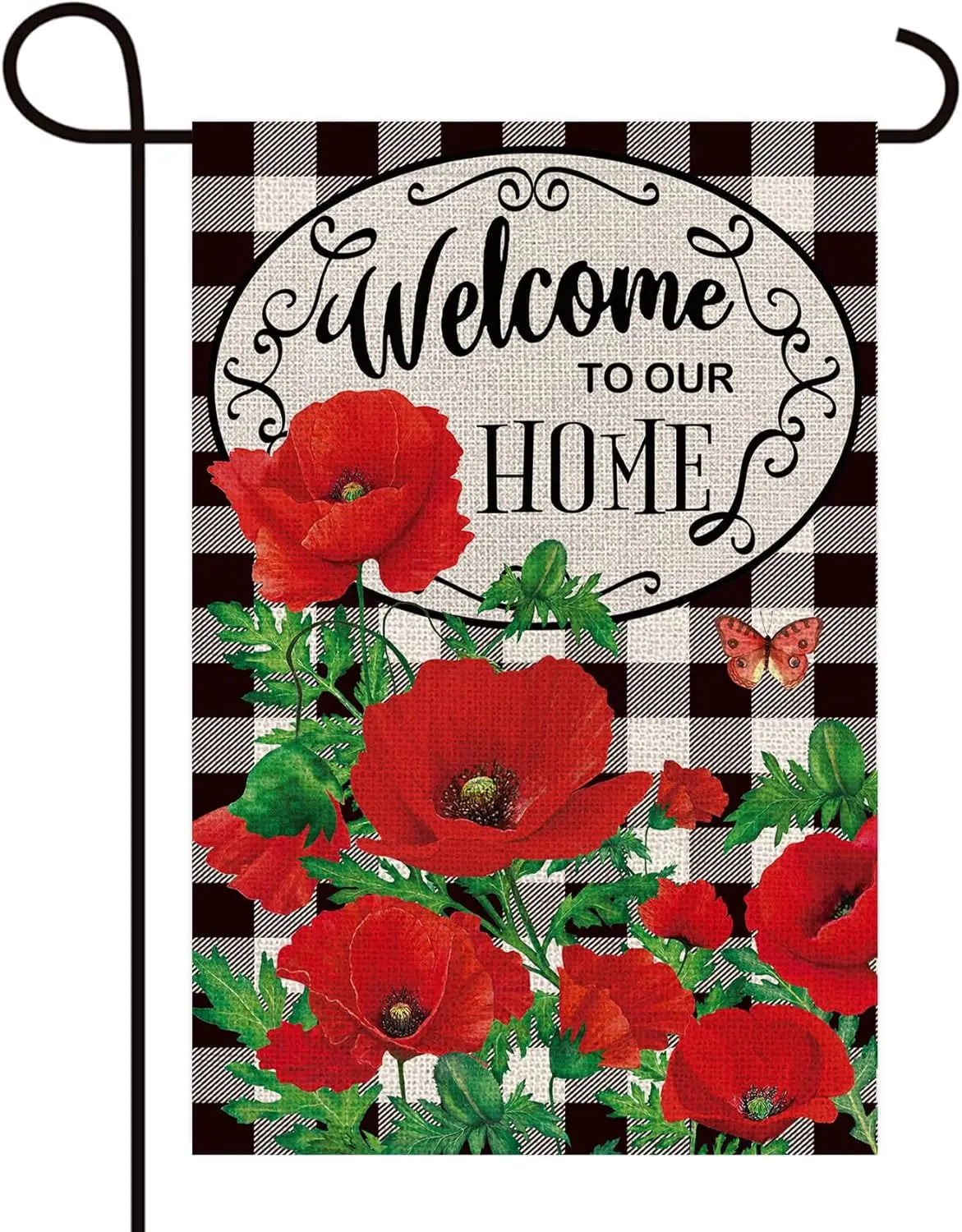 Texupday Welcome To Our Home Poppy Flower Buffalo Check Plaid Double Sided Vertical Burlap Garden Flag Spring Summer Rustic Farm