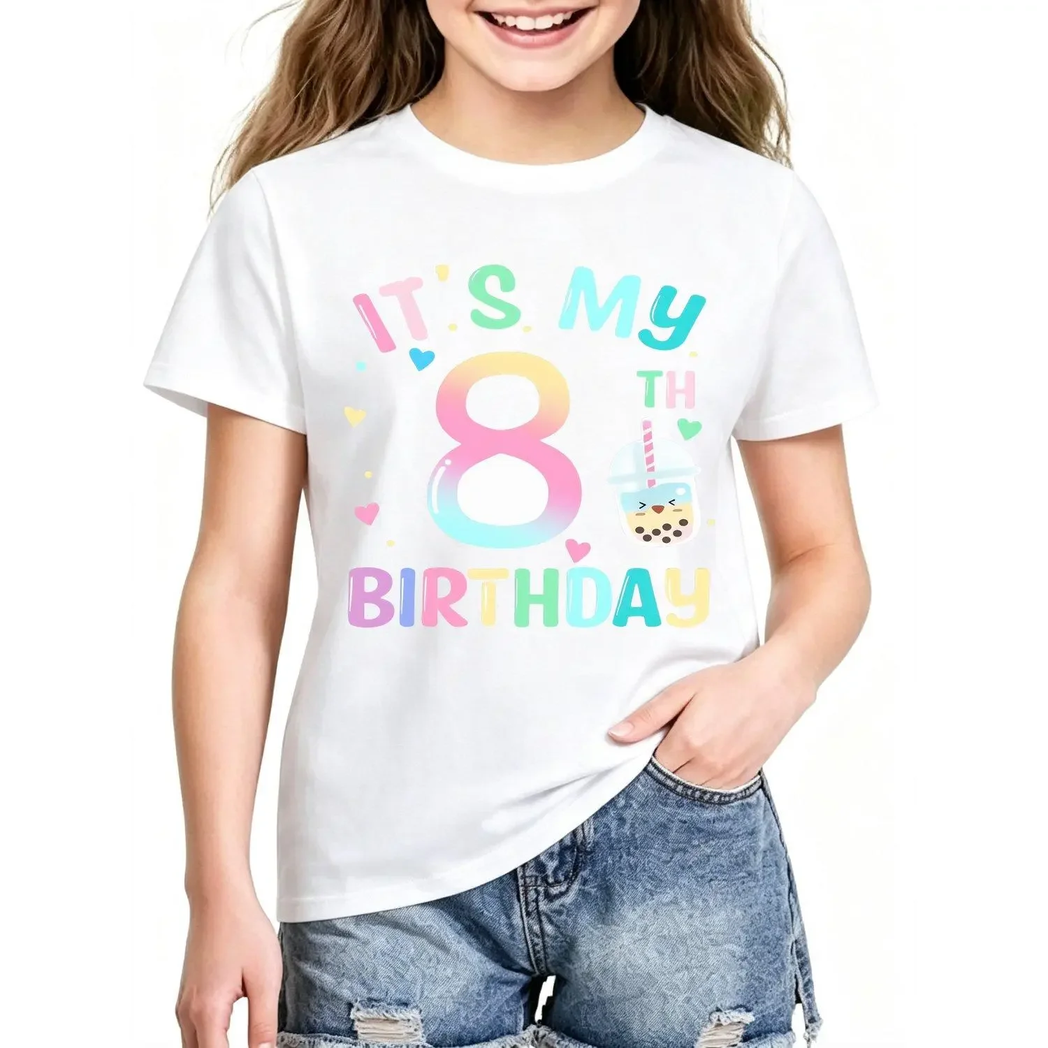 Adorable Colorful 8Th Birthday Designed for Girls Featuring a Vibrant Birthday Theme with Cartoon Bubble Tea Colorful Hearts and Embellishments Perfect for Party Celebrations and an Ideal Gift for Birthdays Girls T Shirt Tee Top Apparel Style