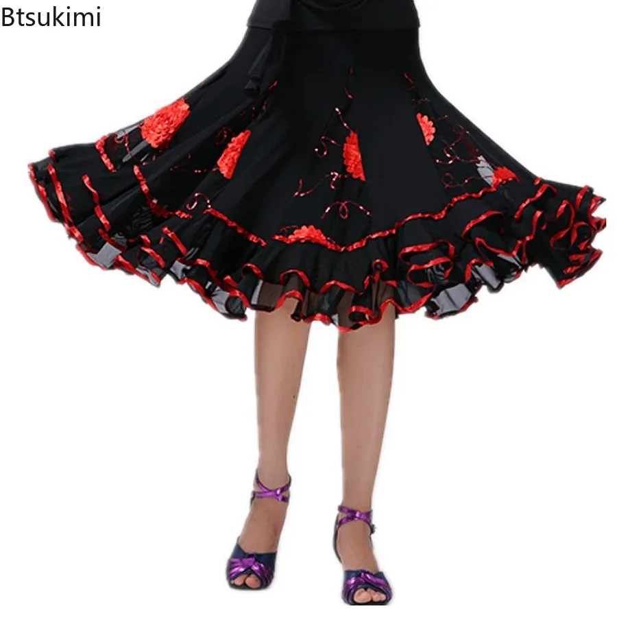 

Женские юбки для латинских танцев, юбка для бальных танцев, платье для выступлений с вышивкой и блестками, большая распашная юбка, костюм для танцевального выступления