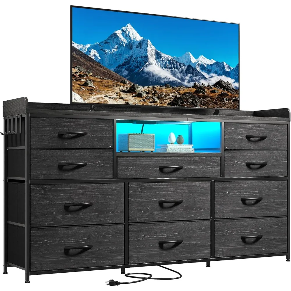 Mueble para TV con 11 cajones para mueble para TV de 60" para dormitorio con luces LED y tomas de corriente Cómoda larga