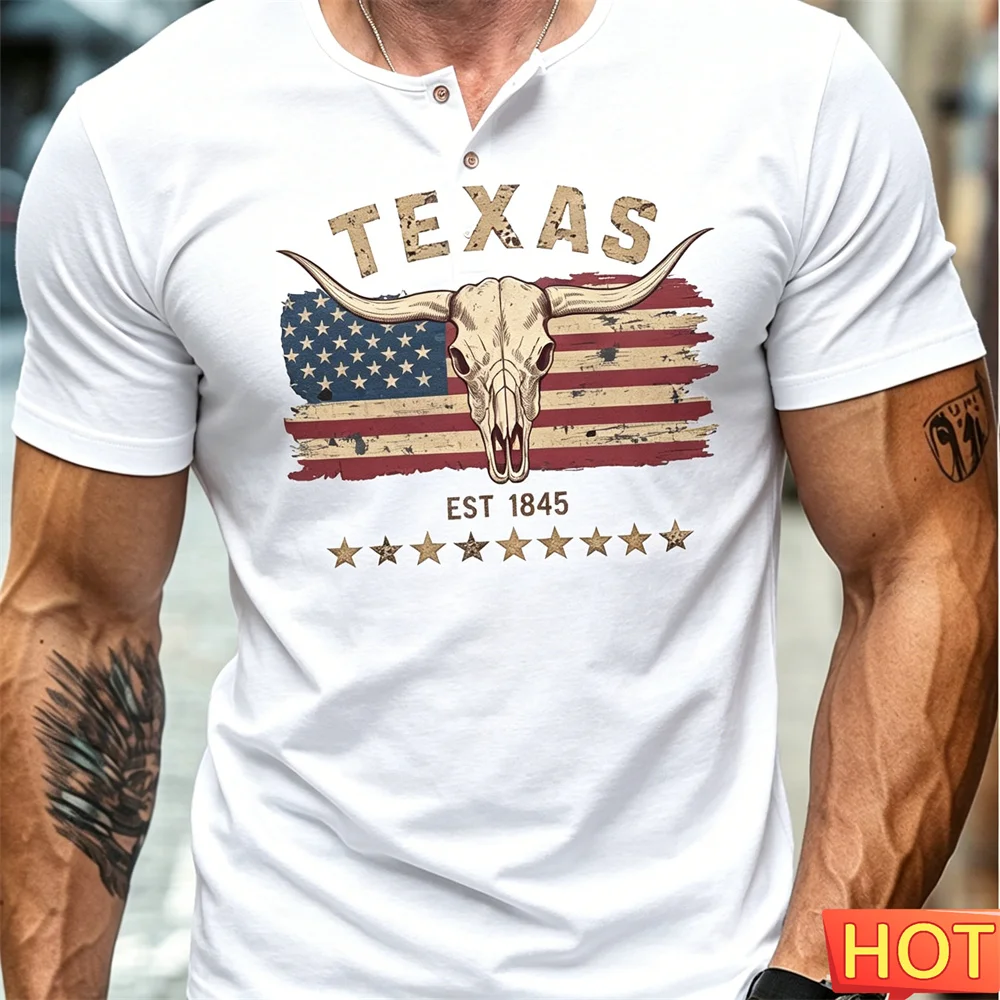 Retro Sports Henry shirt Summer Men's T-shirt cowboy pattern Men's Henry T-shirt Hip Hop Street Men's button up T-shirt for man