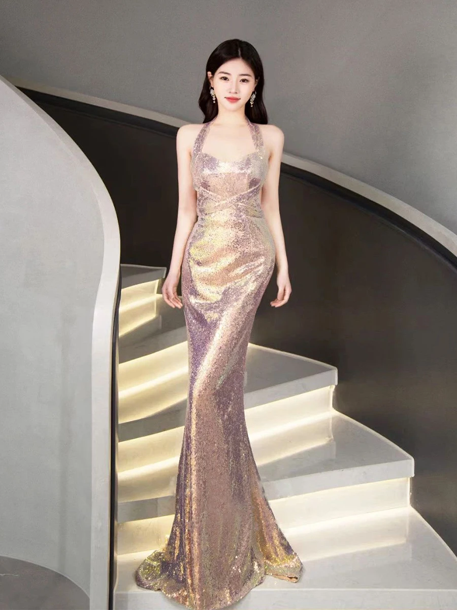 JVDV Hanging Neck Fish Tail Dress Mermaid Concubine Bride Dress Sexy Banquet Evening Dress Party Cocktail Dress Birthday Ball