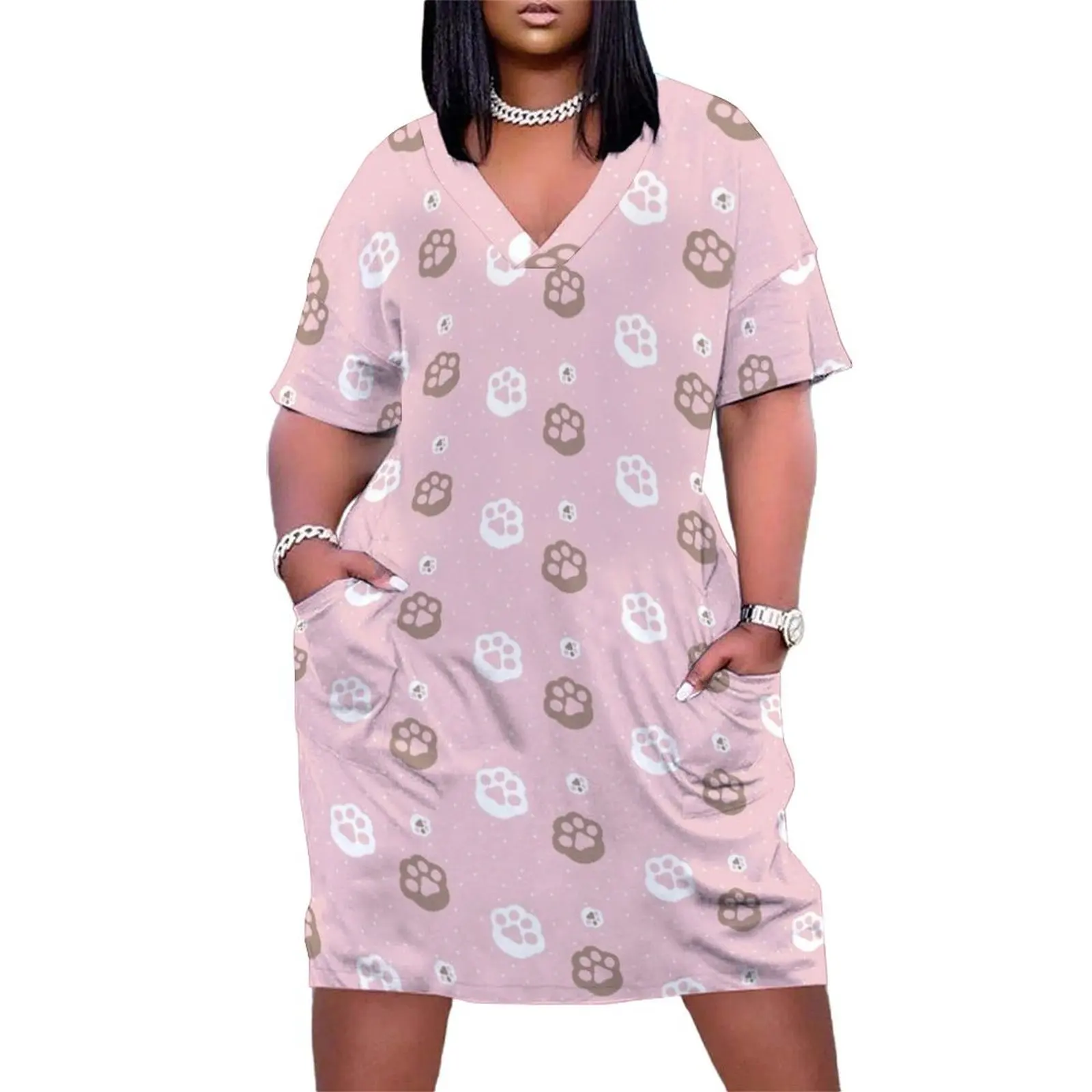 

Pretty Pastel Pink Paw Prints Loose Pocket Dress dress elegant dresses for women clothes for woman