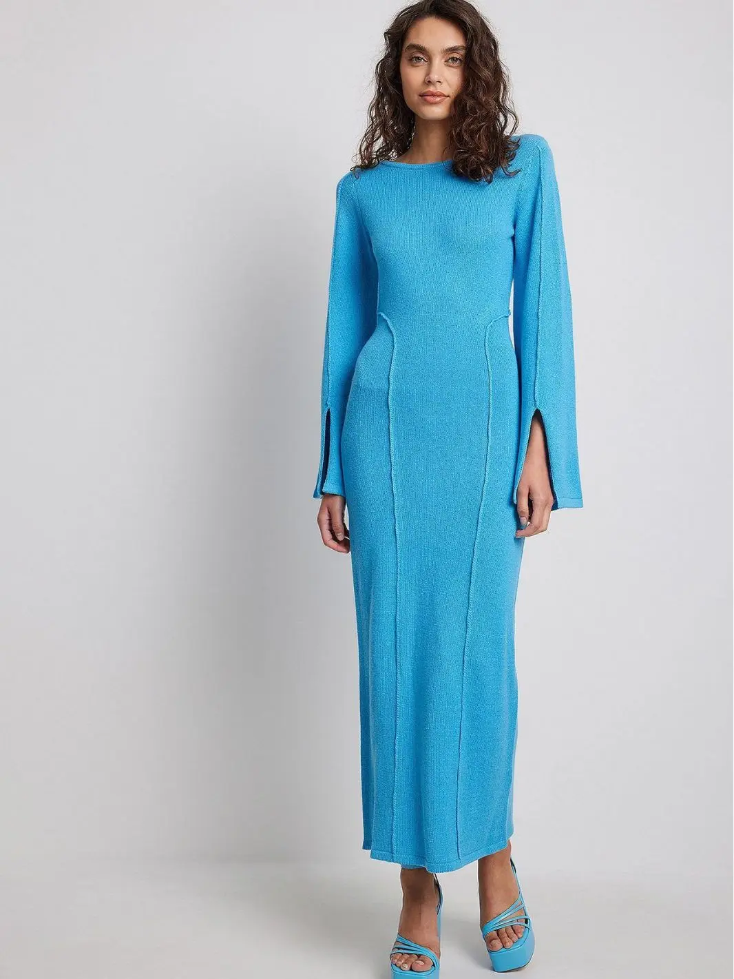 Flared Long Sleeves Split Maxi Dress Women Fashion Blue O-neck Sweater Dresses Female Nightdress Elegant Bodycon Vestidos