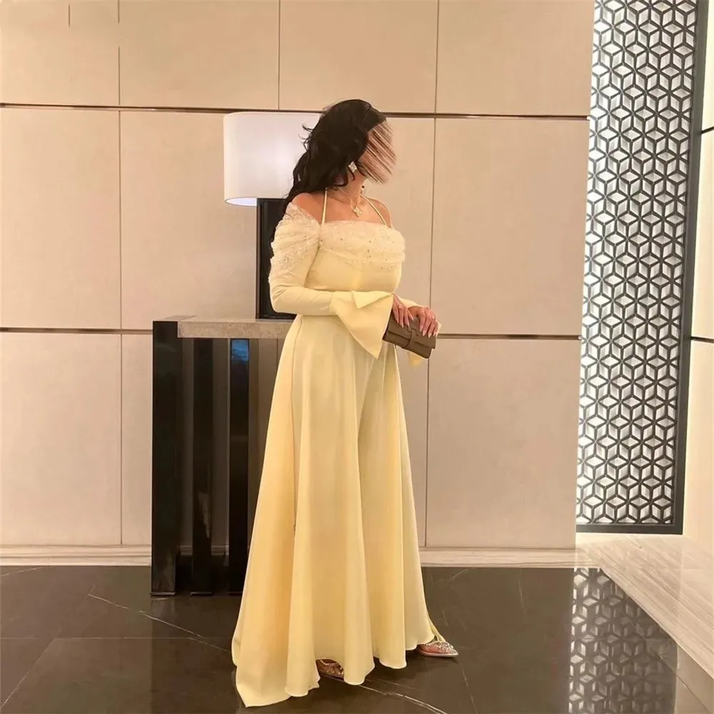 

Elegant Yellow Off Shoulder Spaghetti Strap Sequined A Line Full Sleeve Evening Dress Floor Length For Women Prom Gown 2023