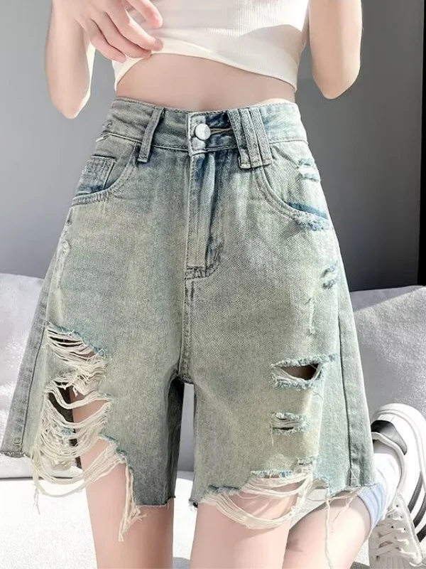 

High Waist Loose Fit Distred Denim orts Women's Summer 2025 A-Line Wide Leg Pants Hot Pants Torn Frayed Hem Casual Sle