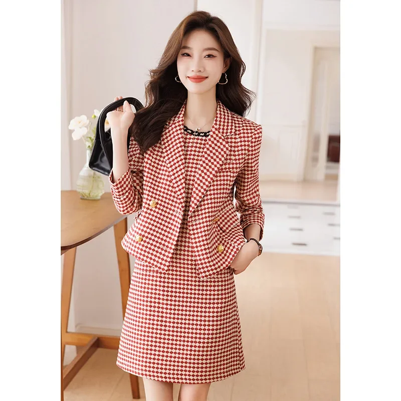 Conjunto de Traje a cuadros para mujer, Blazer + vestido de graduación, ropa de trabajo de negocios para mujer, esmoquin de boda, abrigo elegante informal Formal, Primavera