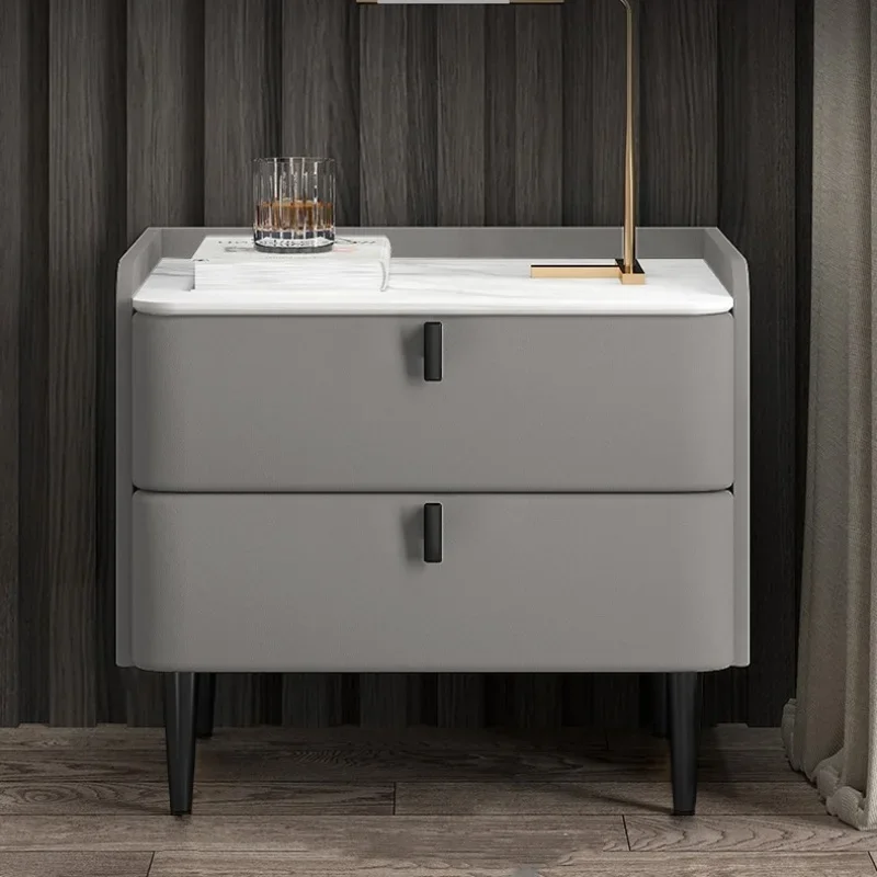 【Hot】Modern Style Wooden Bedside Table with Sintered Stone Top 2 Drawers Faux Leather Nightstands Home End Table