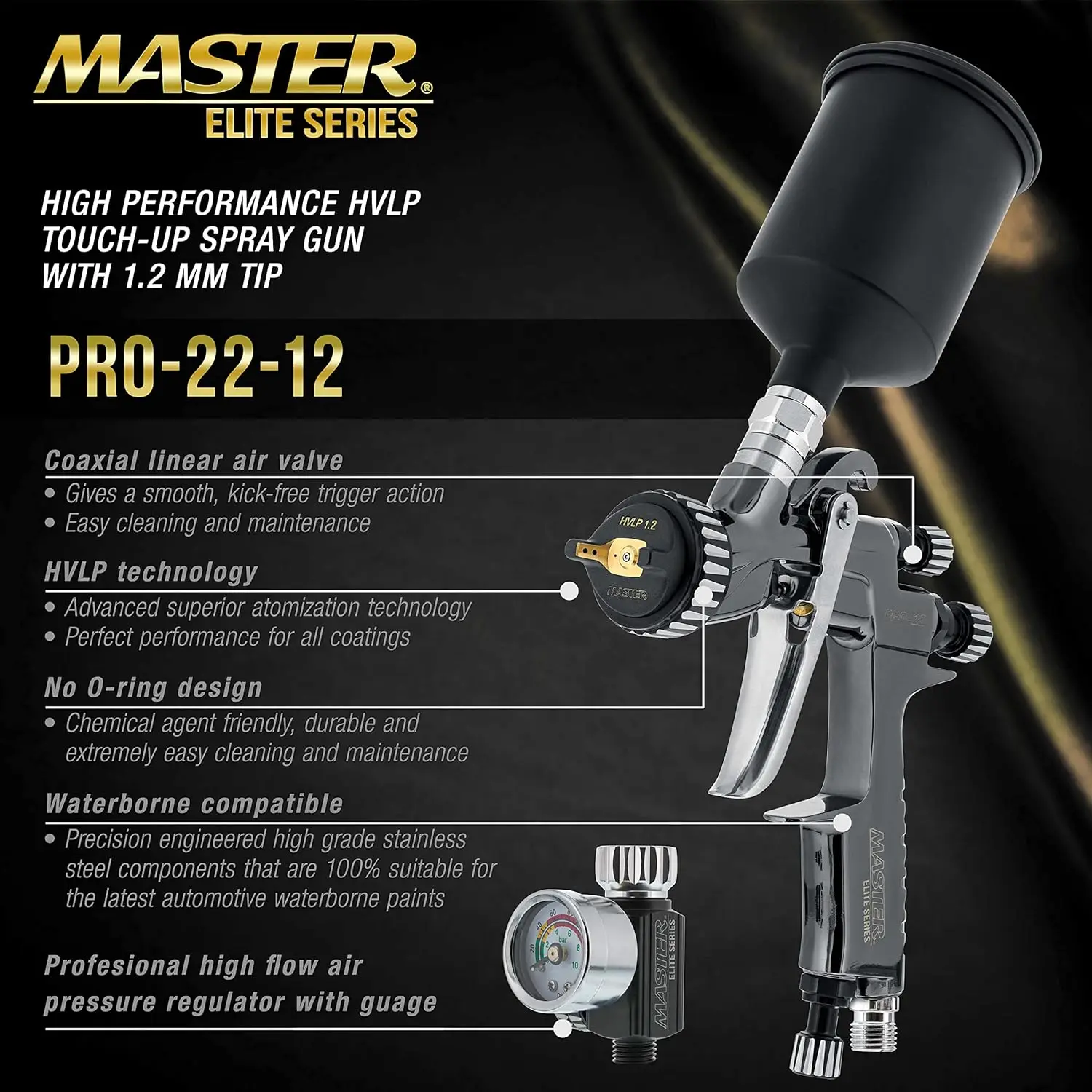 Master Elite High-Performance Pro-22 Series Hvlp Touch Up Spray Gun With 1.2Mm Tip And Air Pressure Regulator Gauge - Detail