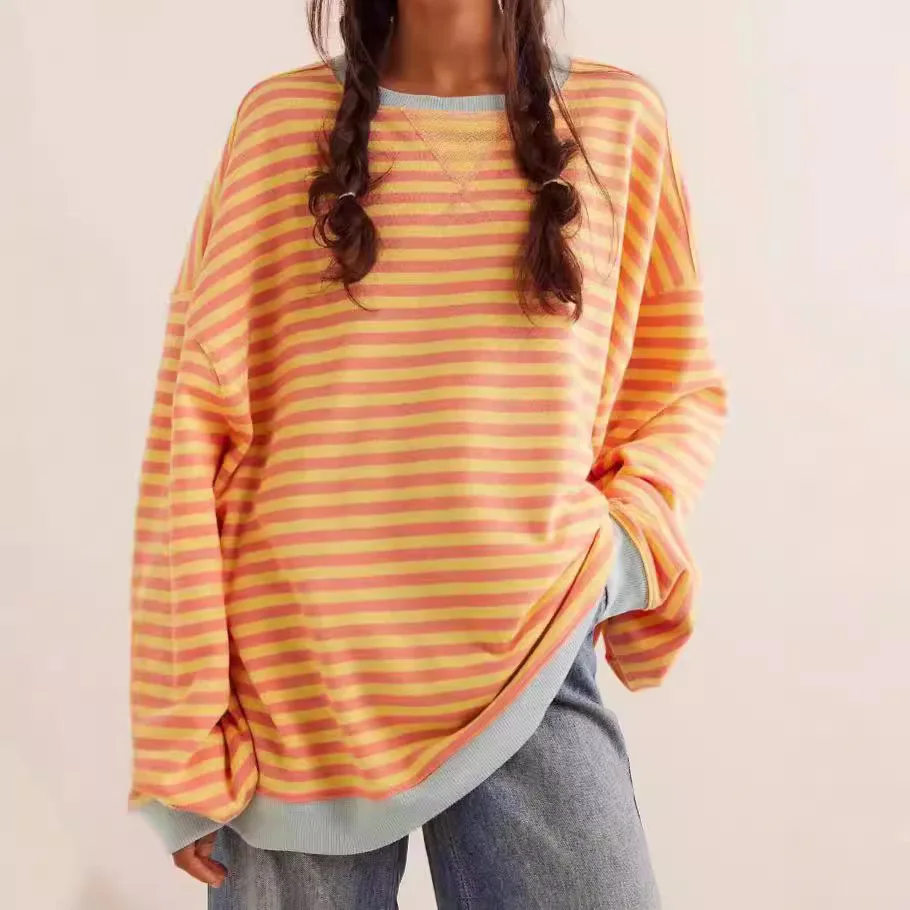

2025 Autumn and Winter Oversized Color-blocked Striped Versatile Loose Drop-shoulder Round Neck Sweatshirt for Women