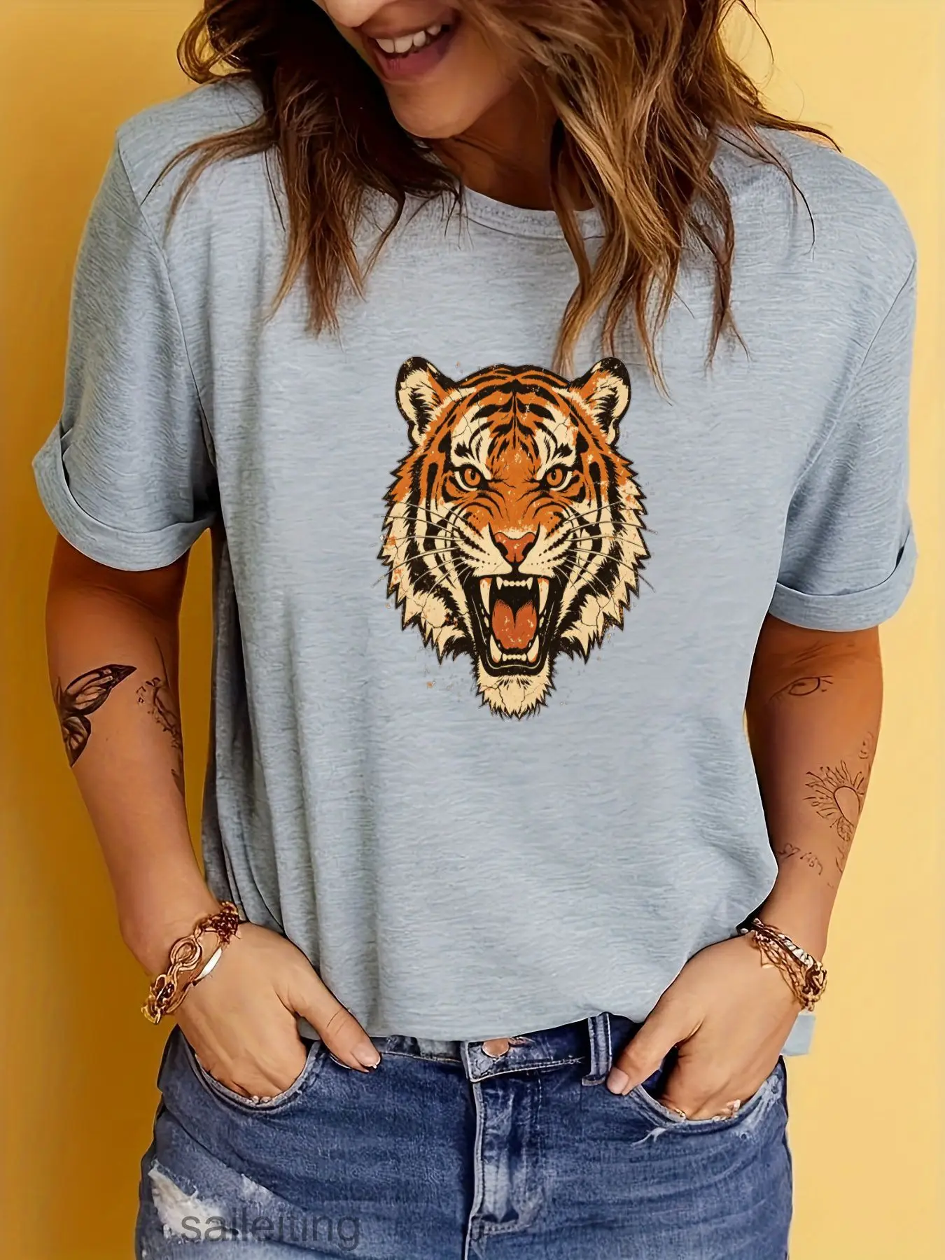 Men's White Tiger Head Print T-Shirt Short Sleeve Crew Neck Summer Breathable Tee with Roaring Realistic Graphic, Casual Stre