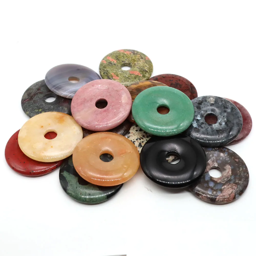 50mm Natural Big Hole Stones Tiger Eye Jades Crystal Agates Round Donut For DIY Pendant Necklace Jewelry Making Accessories