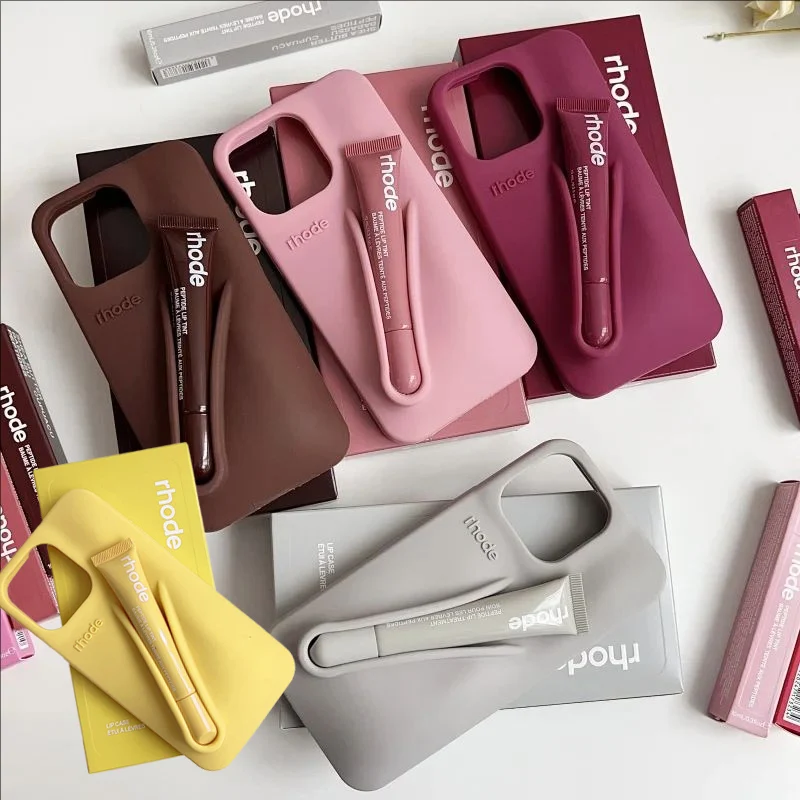 Funda de silicona con soporte para brillo labial y maquillaje, con diseño de caja de lápiz labial, para iPhone 16 17 Air 15 14 13 12 11 Pro Max 6 7 8 Plus