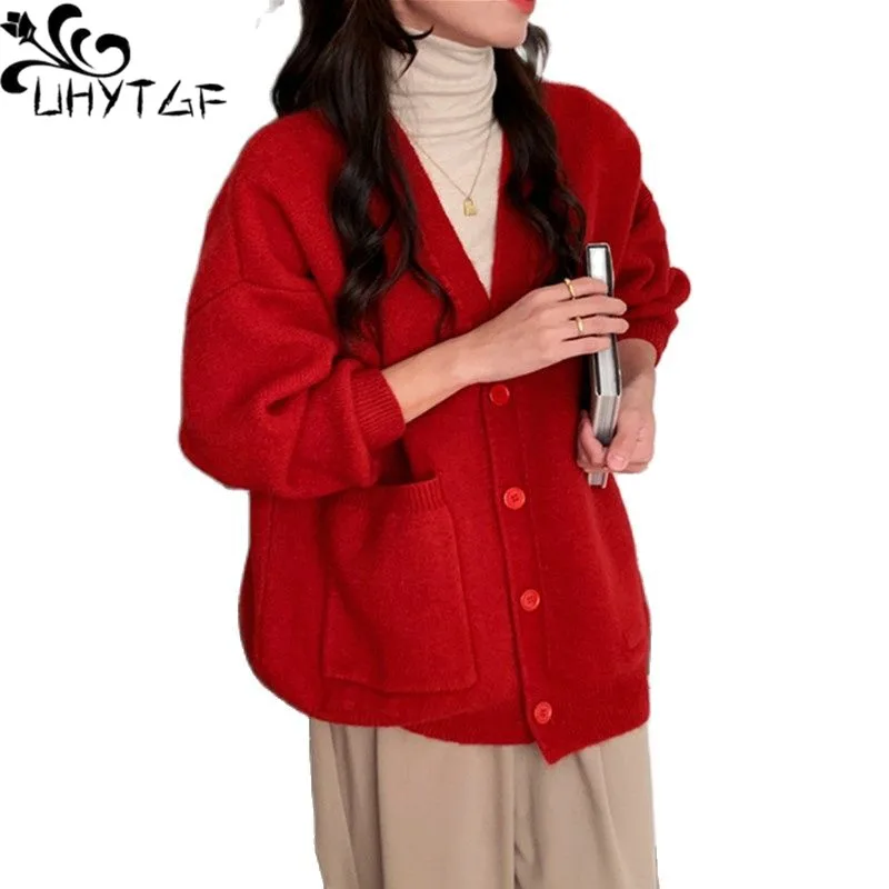 

UHYTGF Cardigan Sweater For Women Korean Loose Elastic Knitted Autumn Sweaters Coat Female V-Neck Knitwears Jacket Ladies 2620